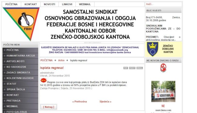 Web stranica Sindikata obrazovanja ZDK